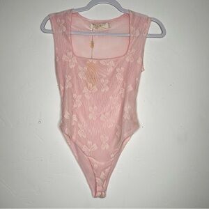 NWT LC Lizette Collection Pastel Pink Bow Mesh Bodysuit Square Neck Size Medium